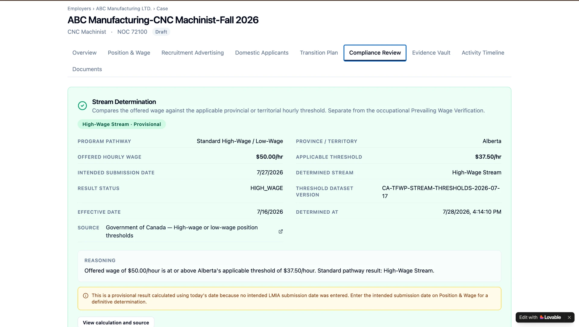 LMIAComply compliance review workspace showing recruitment requirements and evidence status